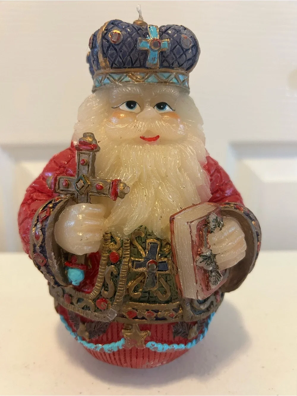 Holiday Santa Candle Figurine in Red, Blue and Gold